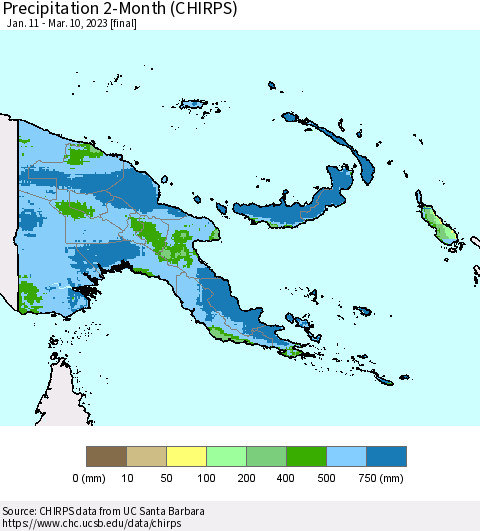 Papua New Guinea Precipitation 2-Month (CHIRPS) Thematic Map For 1/11/2023 - 3/10/2023
