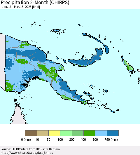 Papua New Guinea Precipitation 2-Month (CHIRPS) Thematic Map For 1/16/2023 - 3/15/2023