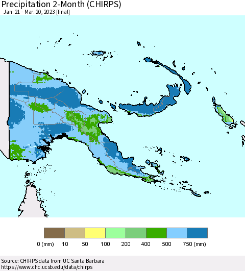 Papua New Guinea Precipitation 2-Month (CHIRPS) Thematic Map For 1/21/2023 - 3/20/2023