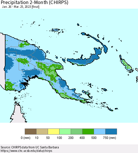 Papua New Guinea Precipitation 2-Month (CHIRPS) Thematic Map For 1/26/2023 - 3/25/2023