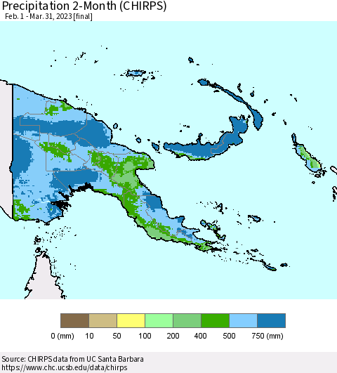 Papua New Guinea Precipitation 2-Month (CHIRPS) Thematic Map For 2/1/2023 - 3/31/2023