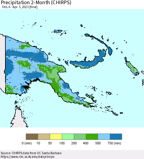 Papua New Guinea Precipitation 2-Month (CHIRPS) Thematic Map For 2/6/2023 - 4/5/2023