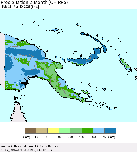 Papua New Guinea Precipitation 2-Month (CHIRPS) Thematic Map For 2/11/2023 - 4/10/2023
