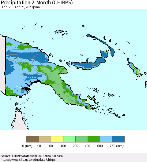 Papua New Guinea Precipitation 2-Month (CHIRPS) Thematic Map For 2/21/2023 - 4/20/2023