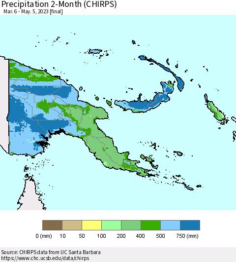 Papua New Guinea Precipitation 2-Month (CHIRPS) Thematic Map For 3/6/2023 - 5/5/2023
