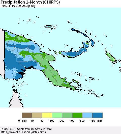 Papua New Guinea Precipitation 2-Month (CHIRPS) Thematic Map For 3/11/2023 - 5/10/2023