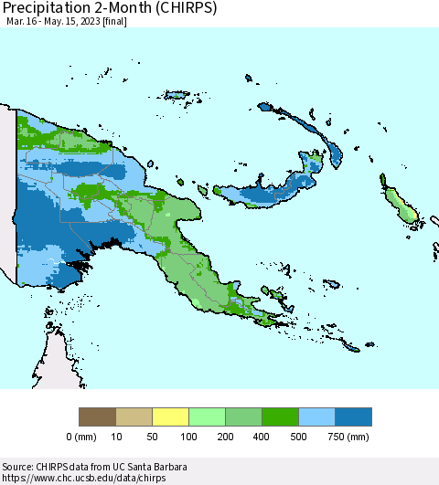 Papua New Guinea Precipitation 2-Month (CHIRPS) Thematic Map For 3/16/2023 - 5/15/2023