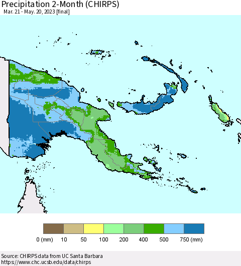 Papua New Guinea Precipitation 2-Month (CHIRPS) Thematic Map For 3/21/2023 - 5/20/2023