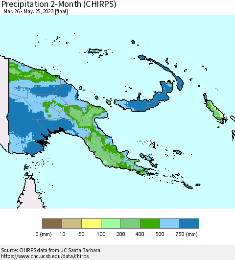 Papua New Guinea Precipitation 2-Month (CHIRPS) Thematic Map For 3/26/2023 - 5/25/2023