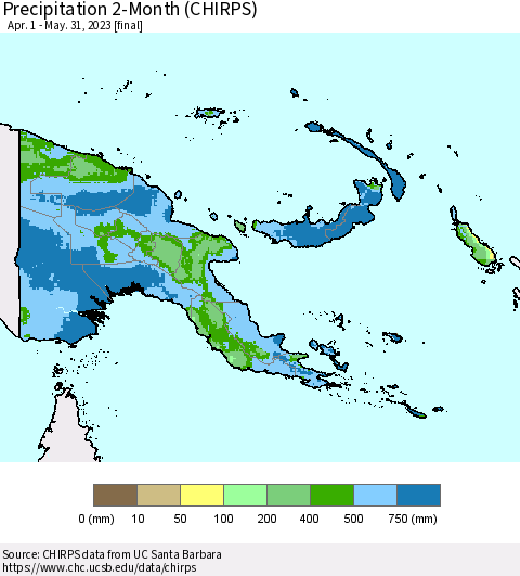 Papua New Guinea Precipitation 2-Month (CHIRPS) Thematic Map For 4/1/2023 - 5/31/2023