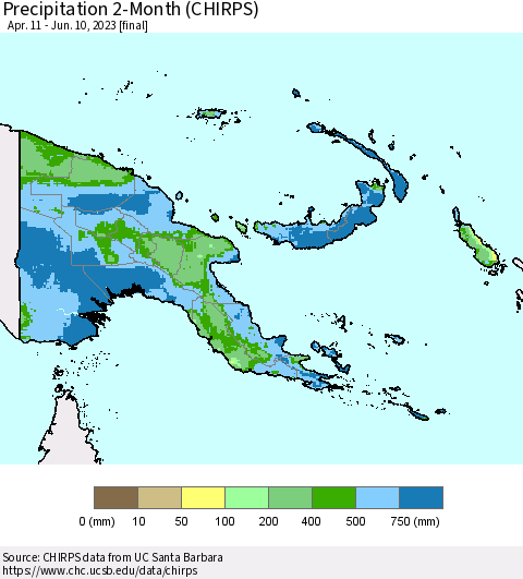 Papua New Guinea Precipitation 2-Month (CHIRPS) Thematic Map For 4/11/2023 - 6/10/2023