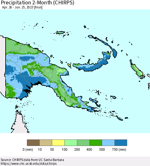 Papua New Guinea Precipitation 2-Month (CHIRPS) Thematic Map For 4/26/2023 - 6/25/2023