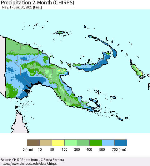Papua New Guinea Precipitation 2-Month (CHIRPS) Thematic Map For 5/1/2023 - 6/30/2023