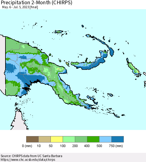 Papua New Guinea Precipitation 2-Month (CHIRPS) Thematic Map For 5/6/2023 - 7/5/2023