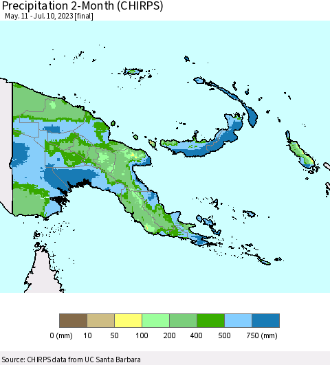 Papua New Guinea Precipitation 2-Month (CHIRPS) Thematic Map For 5/11/2023 - 7/10/2023