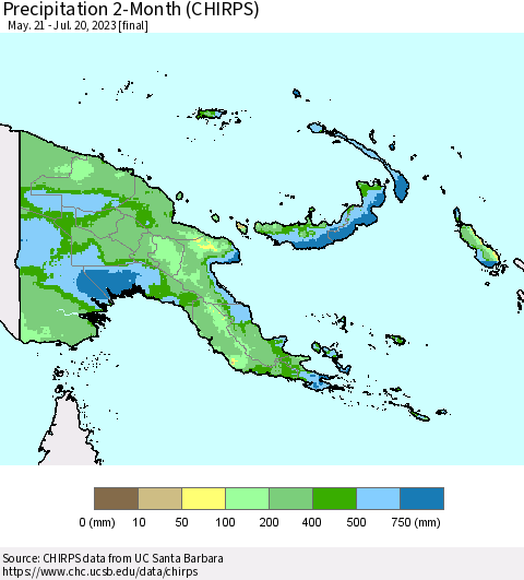 Papua New Guinea Precipitation 2-Month (CHIRPS) Thematic Map For 5/21/2023 - 7/20/2023