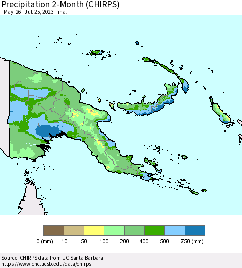 Papua New Guinea Precipitation 2-Month (CHIRPS) Thematic Map For 5/26/2023 - 7/25/2023