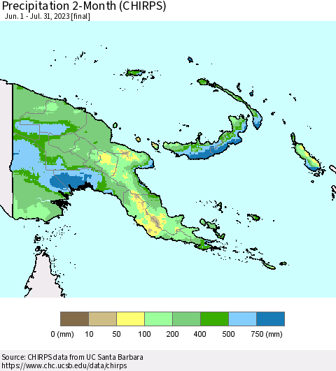 Papua New Guinea Precipitation 2-Month (CHIRPS) Thematic Map For 6/1/2023 - 7/31/2023