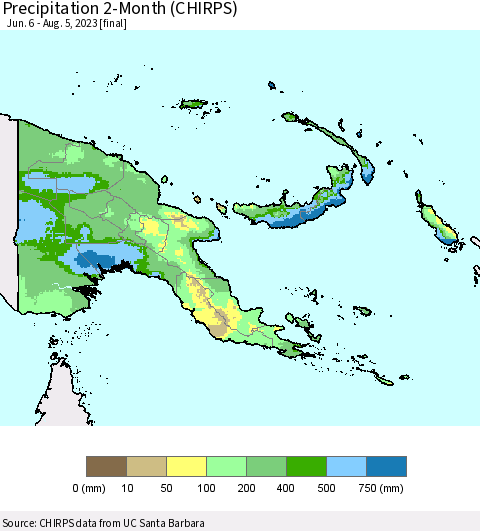 Papua New Guinea Precipitation 2-Month (CHIRPS) Thematic Map For 6/6/2023 - 8/5/2023