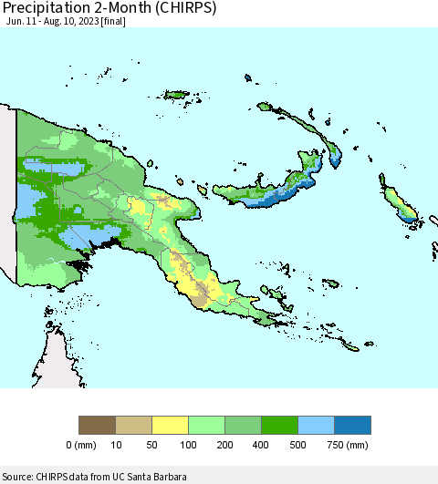 Papua New Guinea Precipitation 2-Month (CHIRPS) Thematic Map For 6/11/2023 - 8/10/2023
