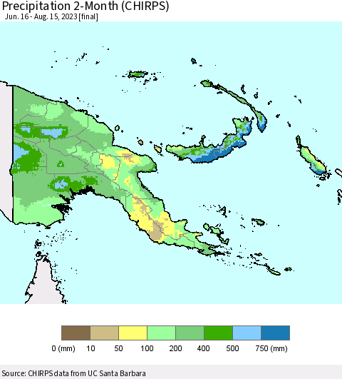 Papua New Guinea Precipitation 2-Month (CHIRPS) Thematic Map For 6/16/2023 - 8/15/2023
