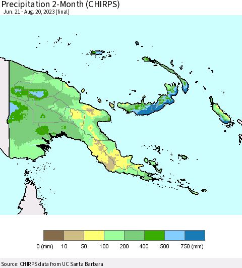 Papua New Guinea Precipitation 2-Month (CHIRPS) Thematic Map For 6/21/2023 - 8/20/2023