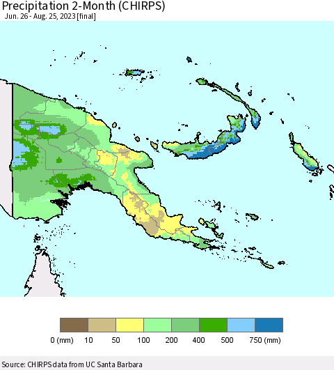 Papua New Guinea Precipitation 2-Month (CHIRPS) Thematic Map For 6/26/2023 - 8/25/2023