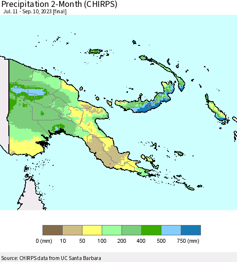 Papua New Guinea Precipitation 2-Month (CHIRPS) Thematic Map For 7/11/2023 - 9/10/2023