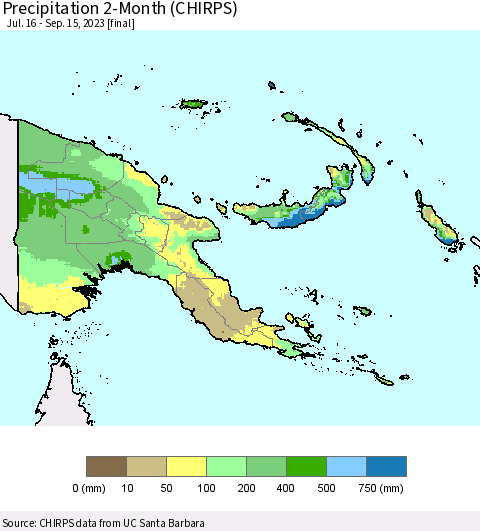 Papua New Guinea Precipitation 2-Month (CHIRPS) Thematic Map For 7/16/2023 - 9/15/2023