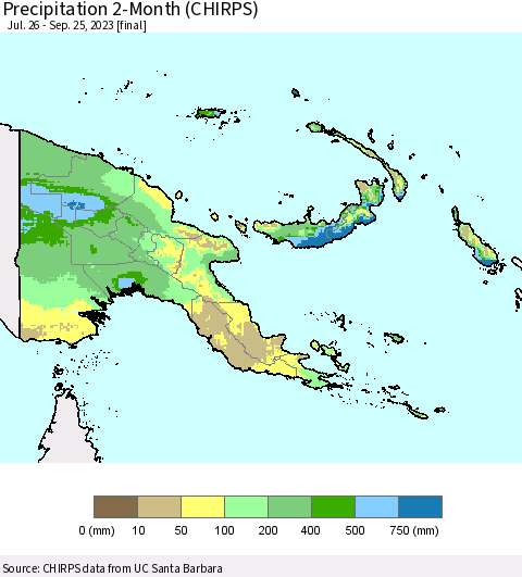 Papua New Guinea Precipitation 2-Month (CHIRPS) Thematic Map For 7/26/2023 - 9/25/2023