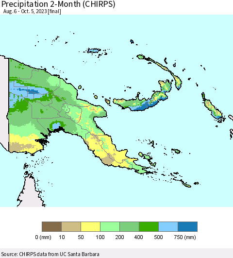 Papua New Guinea Precipitation 2-Month (CHIRPS) Thematic Map For 8/6/2023 - 10/5/2023