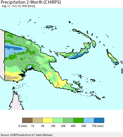 Papua New Guinea Precipitation 2-Month (CHIRPS) Thematic Map For 8/11/2023 - 10/10/2023