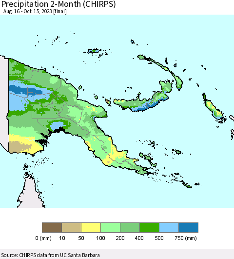 Papua New Guinea Precipitation 2-Month (CHIRPS) Thematic Map For 8/16/2023 - 10/15/2023