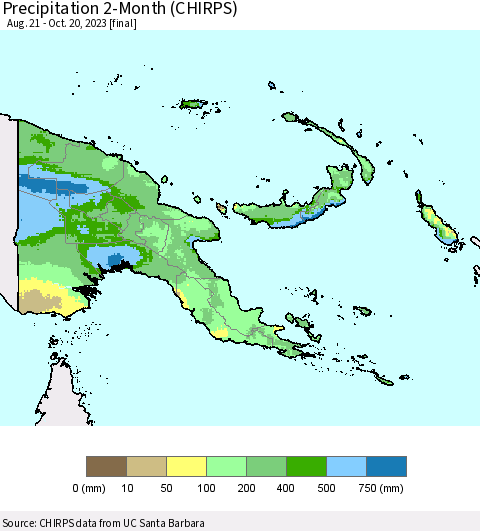 Papua New Guinea Precipitation 2-Month (CHIRPS) Thematic Map For 8/21/2023 - 10/20/2023