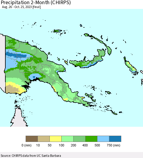 Papua New Guinea Precipitation 2-Month (CHIRPS) Thematic Map For 8/26/2023 - 10/25/2023