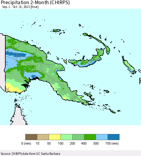 Papua New Guinea Precipitation 2-Month (CHIRPS) Thematic Map For 9/1/2023 - 10/31/2023