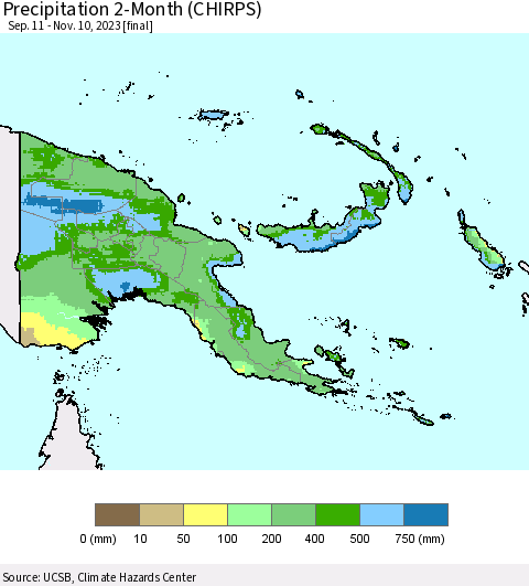 Papua New Guinea Precipitation 2-Month (CHIRPS) Thematic Map For 9/11/2023 - 11/10/2023