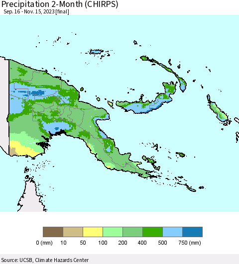 Papua New Guinea Precipitation 2-Month (CHIRPS) Thematic Map For 9/16/2023 - 11/15/2023