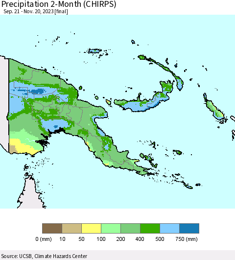 Papua New Guinea Precipitation 2-Month (CHIRPS) Thematic Map For 9/21/2023 - 11/20/2023