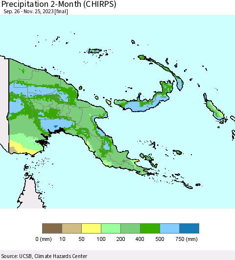 Papua New Guinea Precipitation 2-Month (CHIRPS) Thematic Map For 9/26/2023 - 11/25/2023