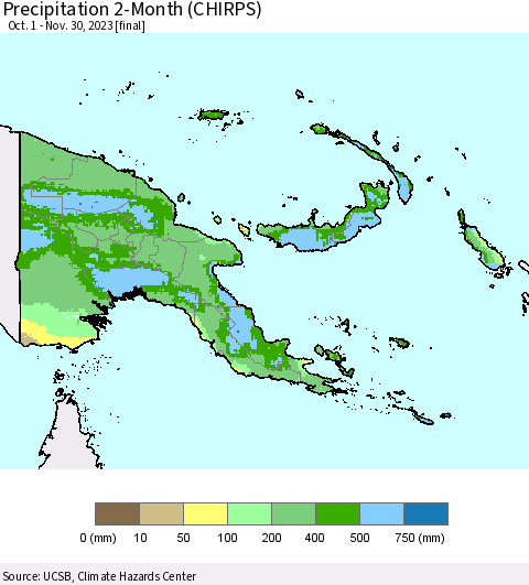 Papua New Guinea Precipitation 2-Month (CHIRPS) Thematic Map For 10/1/2023 - 11/30/2023