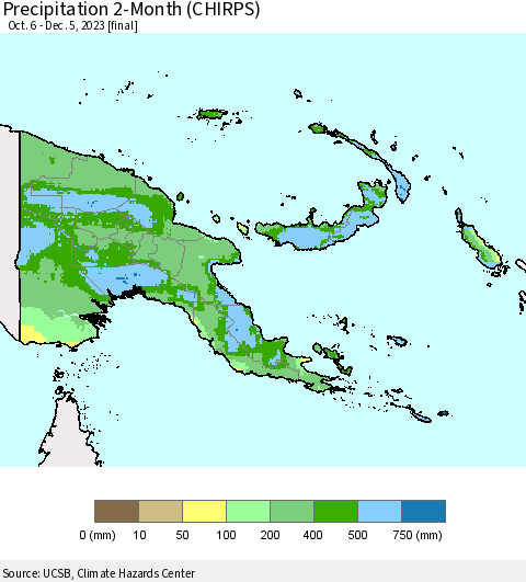 Papua New Guinea Precipitation 2-Month (CHIRPS) Thematic Map For 10/6/2023 - 12/5/2023