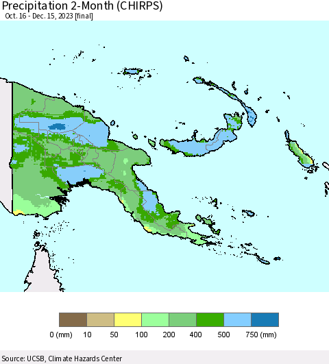 Papua New Guinea Precipitation 2-Month (CHIRPS) Thematic Map For 10/16/2023 - 12/15/2023