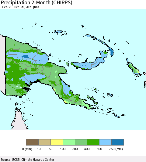 Papua New Guinea Precipitation 2-Month (CHIRPS) Thematic Map For 10/21/2023 - 12/20/2023