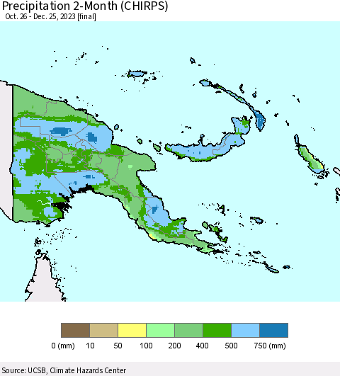 Papua New Guinea Precipitation 2-Month (CHIRPS) Thematic Map For 10/26/2023 - 12/25/2023