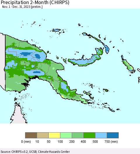 Papua New Guinea Precipitation 2-Month (CHIRPS) Thematic Map For 11/1/2023 - 12/31/2023