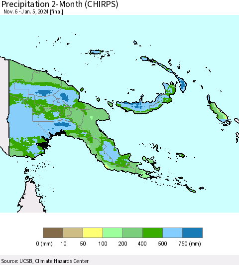 Papua New Guinea Precipitation 2-Month (CHIRPS) Thematic Map For 11/6/2023 - 1/5/2024