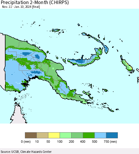 Papua New Guinea Precipitation 2-Month (CHIRPS) Thematic Map For 11/11/2023 - 1/10/2024