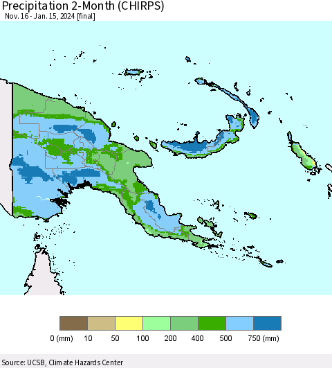 Papua New Guinea Precipitation 2-Month (CHIRPS) Thematic Map For 11/16/2023 - 1/15/2024