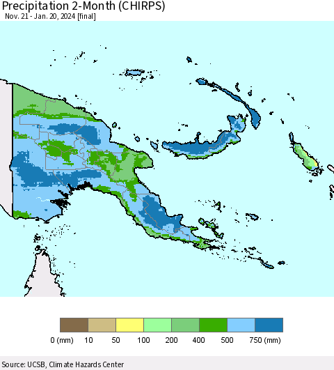 Papua New Guinea Precipitation 2-Month (CHIRPS) Thematic Map For 11/21/2023 - 1/20/2024